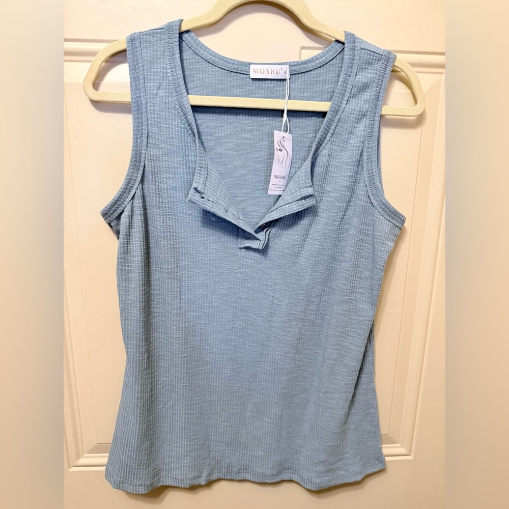 Moshu Waffle Knit Sleeveless Top in Gray Blue Size XL